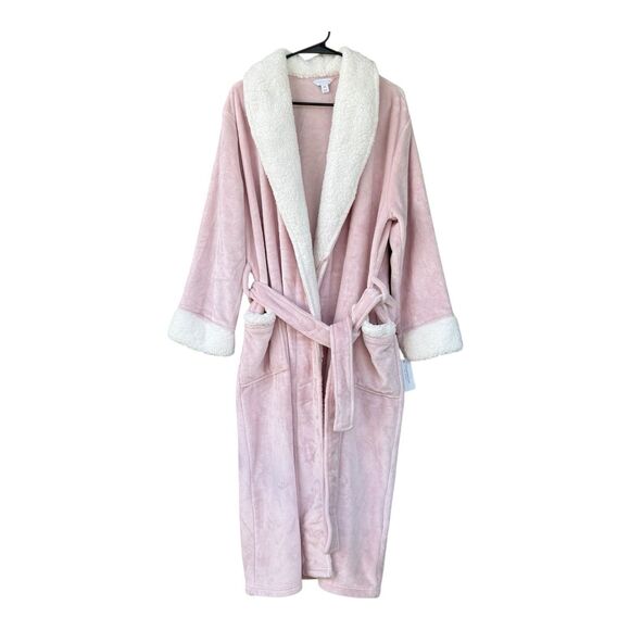 NWT Charter Club Women's Long Plush Fleece Pink Robe White Trim Soft Belt - Picture 1 of 4